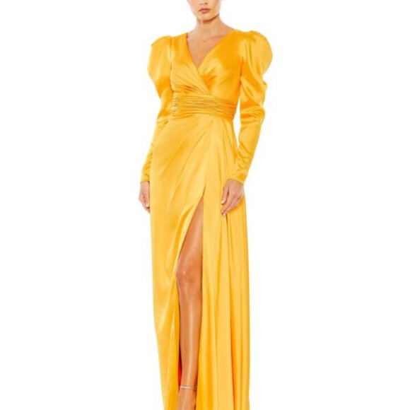 NWT | Mac Duggal‎ 12404 V Neckline Long Puff Sleeves Maxi Column Gown Mango 8 - Picture 1 of 7